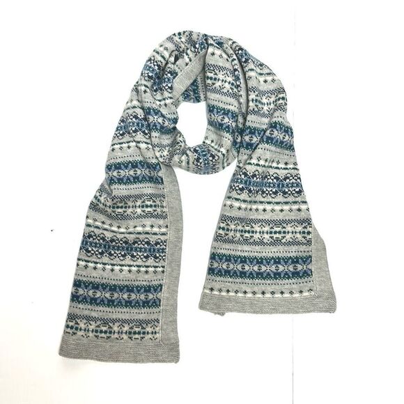 J.Mclaughlin Arthur Wool Knit Long Scarf Gray Blue White Fair Isle Pattern - Picture 2 of 8